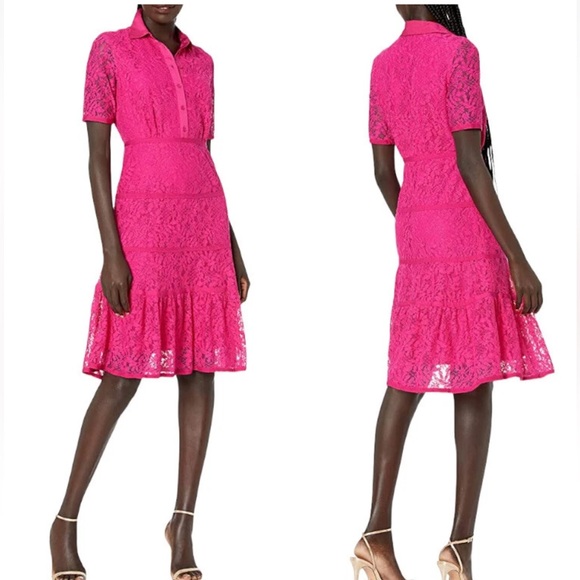 Nanette Lepore Fuchsia Lace Collared Button Down Dress‎ sz 4 - Picture 2 of 11